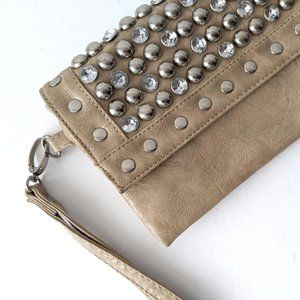 Beige Vegan Leather Rhinestones Studs Wristlet